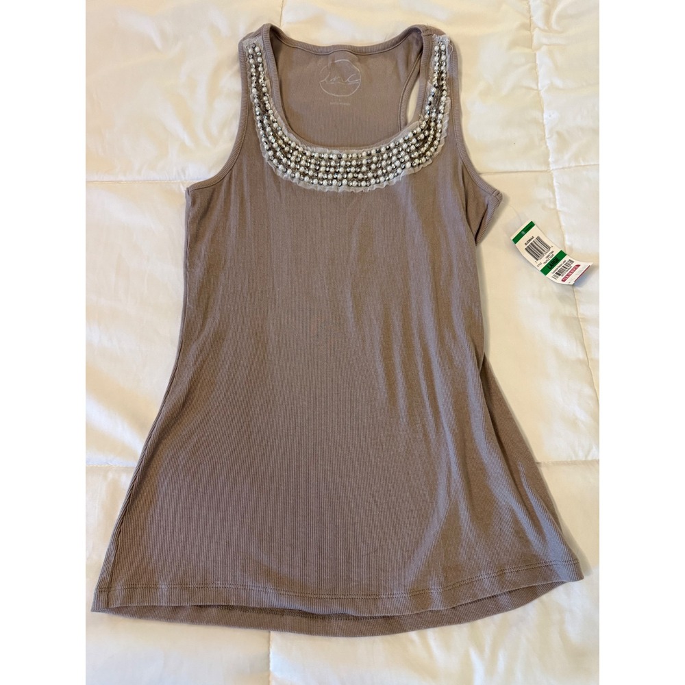INC International Concepts Pearl Embellished Ribbed Tank Top Truffle Taupe L